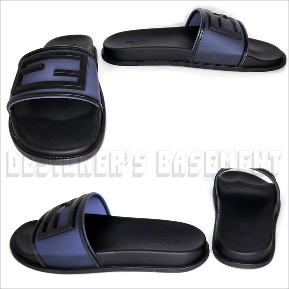 FENDI men 12 Black with transparent Navy FF BAGUETTE LOGO flip flop slides shoes - Picture 5 of 8